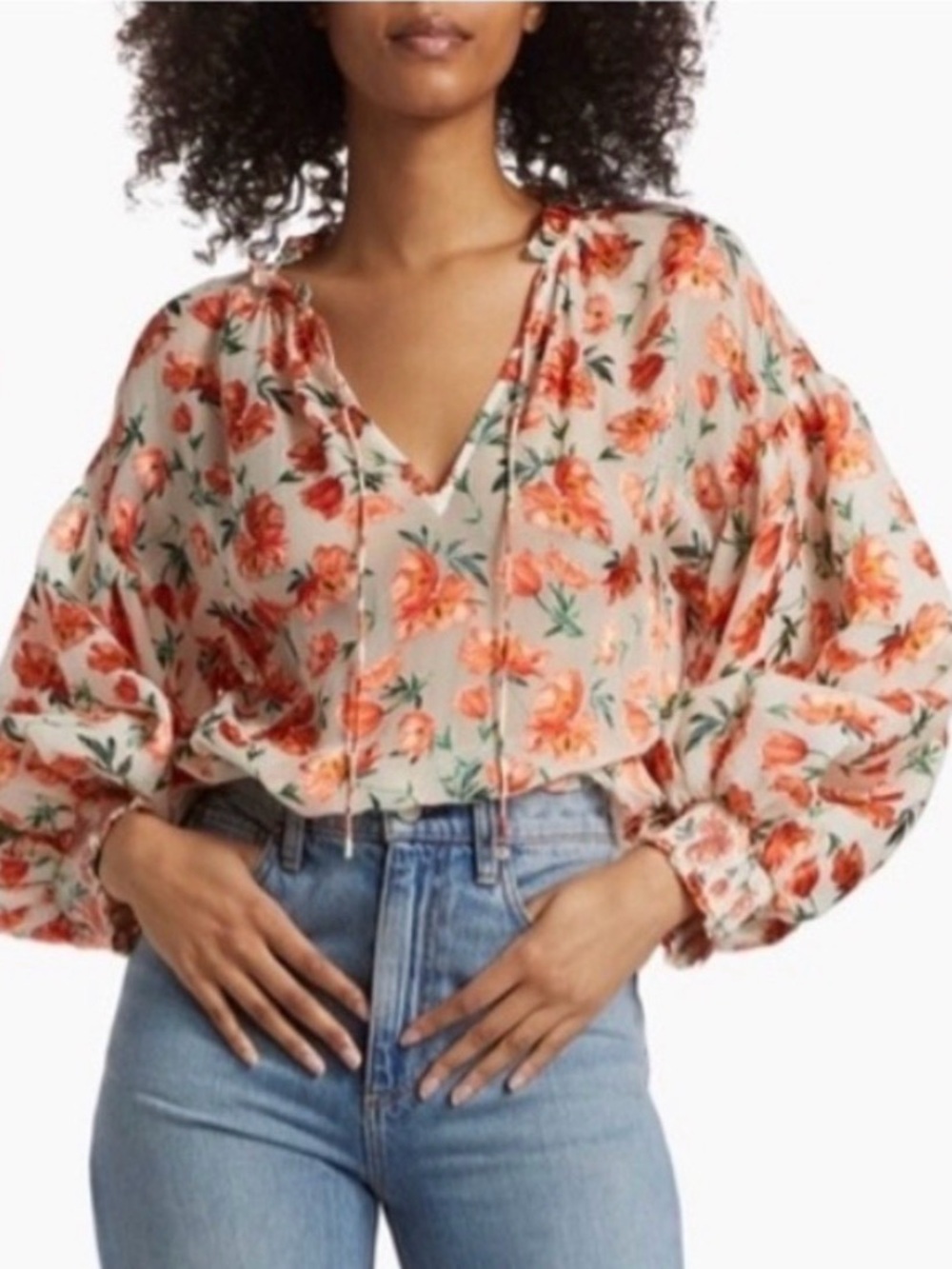 Alice + Olivia Cream Blouse with Orange Floral Print